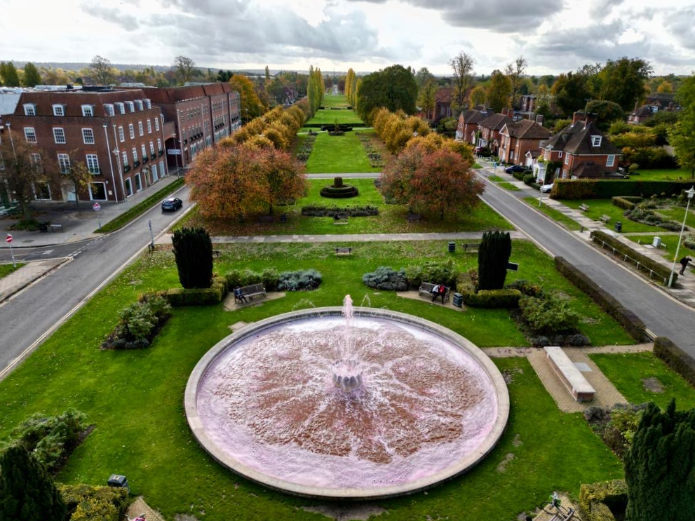 ariel picture of wgc fountain, surrounded by trees and grass