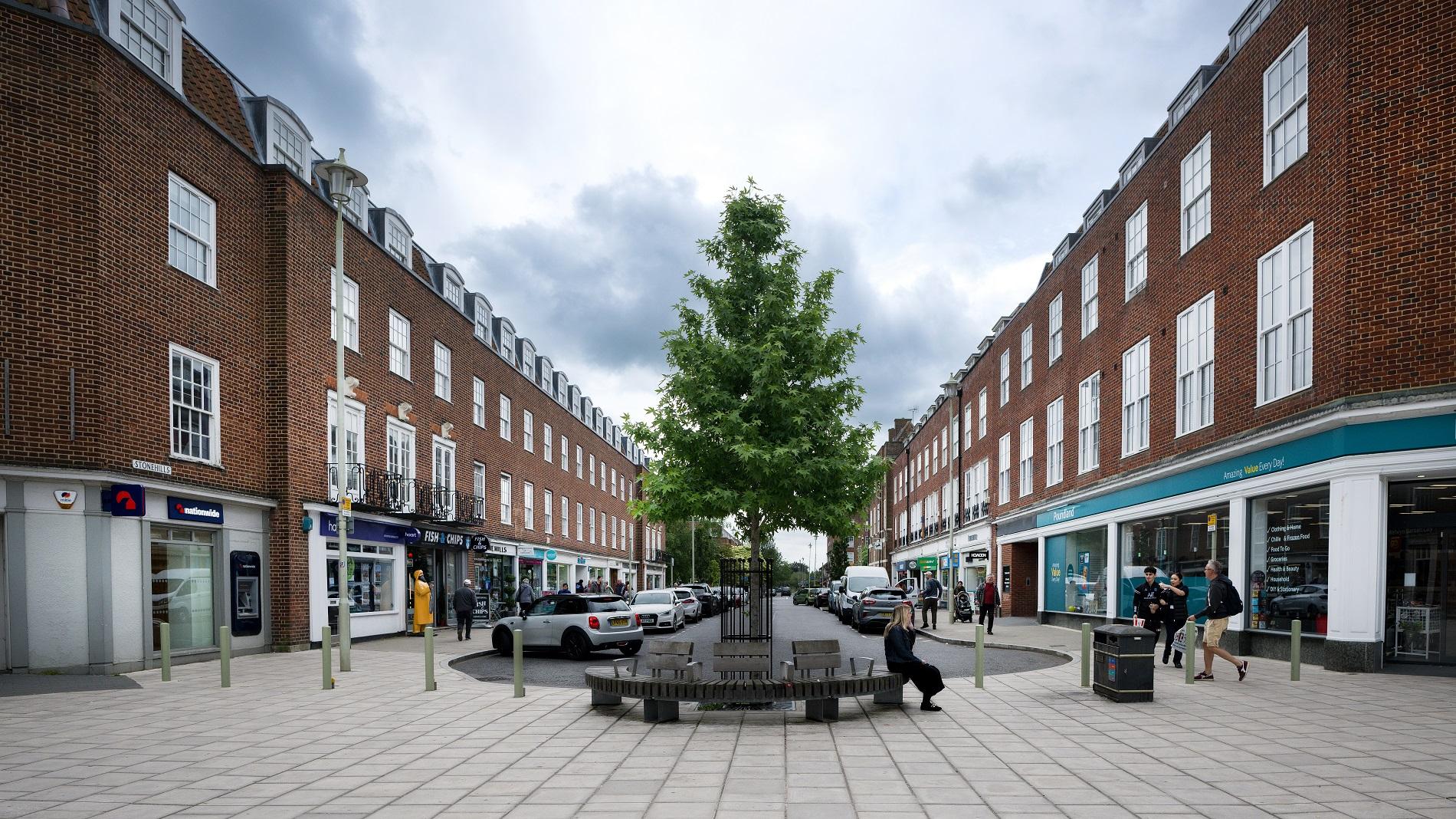 Pedestrian area with tree in town centre